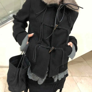 Fur-trimmed hooded duffle short coat