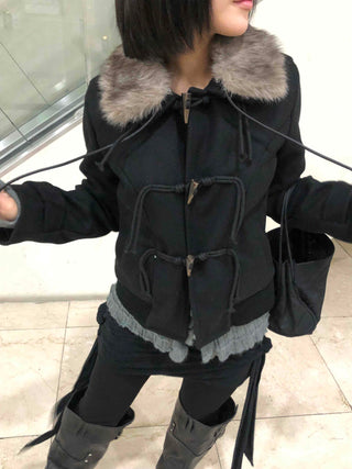 Fur-trimmed hooded duffle short coat