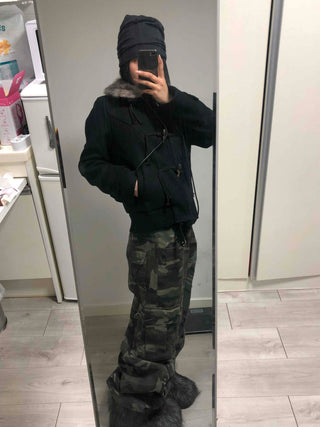 Fur-trimmed hooded duffle short coat