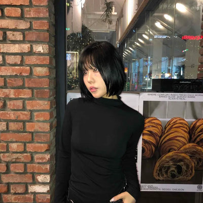 Side Shirred High Neck Slim Fit Long Sleeve T-shirt