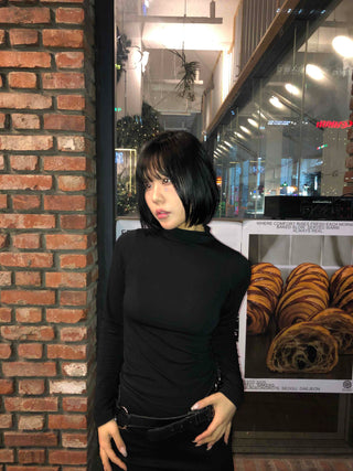 Side Shirred High Neck Slim Fit Long Sleeve T-shirt