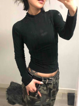 Side Shirred High Neck Slim Fit Long Sleeve T-shirt