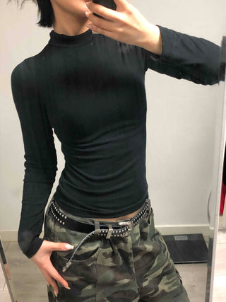 Side Shirred High Neck Slim Fit Long Sleeve T-shirt