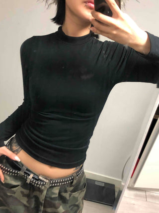Side Shirred High Neck Slim Fit Long Sleeve T-shirt