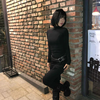 Side Shirred High Neck Slim Fit Long Sleeve T-shirt