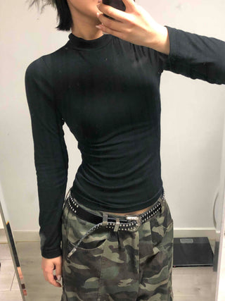 Side Shirred High Neck Slim Fit Long Sleeve T-shirt