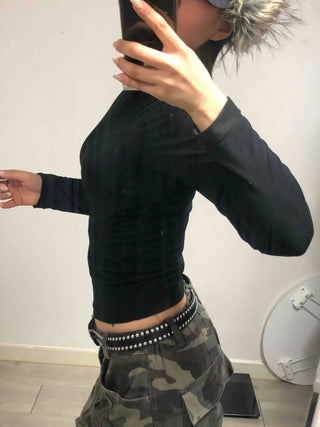 Side Shirred High Neck Slim Fit Long Sleeve T-shirt