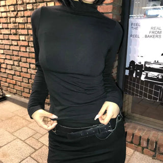 Side Shirred High Neck Slim Fit Long Sleeve T-shirt