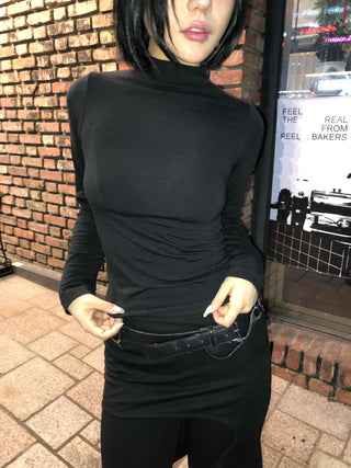 Side Shirred High Neck Slim Fit Long Sleeve T-shirt
