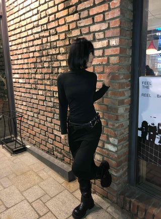 Side Shirred High Neck Slim Fit Long Sleeve T-shirt