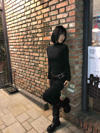 Side Shirred High Neck Slim Fit Long Sleeve T-shirt