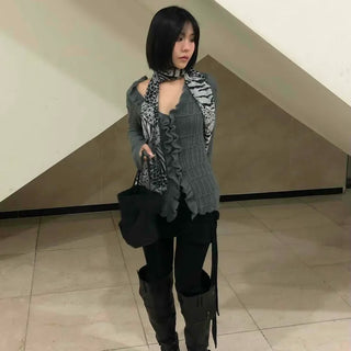 Chloé Cross Lace-up Asymmetrical Ribbed Knit Cardigan