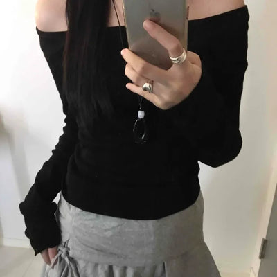 Off-shoulder Slim Fit Long Sleeve T-shirt with Shoulder Cutouts