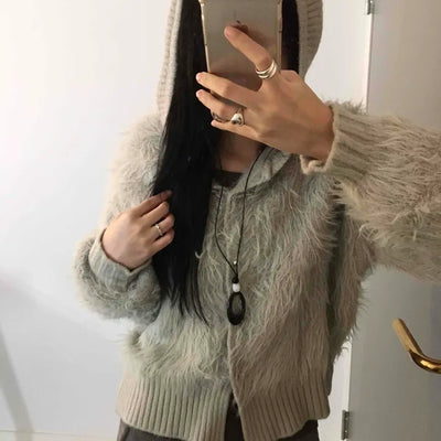 Vintage Shaggy Fluffy Toggle Button Hooded Cardigan