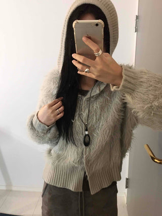 Vintage Shaggy Fluffy Toggle Button Hooded Cardigan