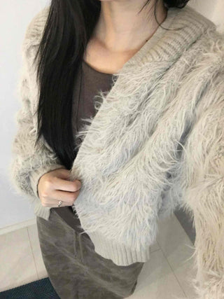 Vintage Shaggy Fluffy Toggle Button Hooded Cardigan
