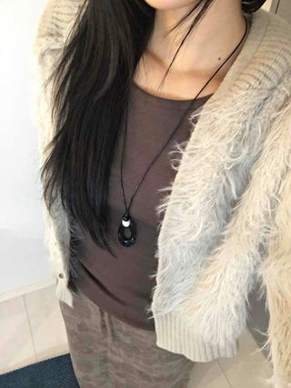 Vintage Shaggy Fluffy Toggle Button Hooded Cardigan