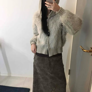 Vintage Shaggy Fluffy Toggle Button Hooded Cardigan