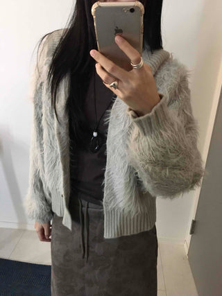 Vintage Shaggy Fluffy Toggle Button Hooded Cardigan