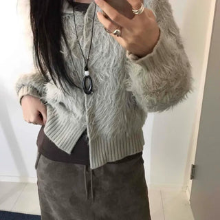 Vintage Shaggy Fluffy Toggle Button Hooded Cardigan