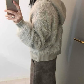 Vintage Shaggy Fluffy Toggle Button Hooded Cardigan
