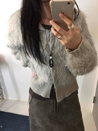 Vintage Shaggy Fluffy Toggle Button Hooded Cardigan