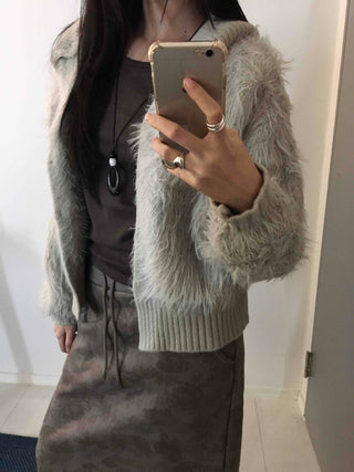 Vintage Shaggy Fluffy Toggle Button Hooded Cardigan