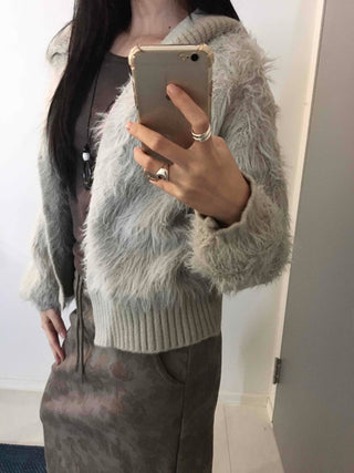 Vintage Shaggy Fluffy Toggle Button Hooded Cardigan