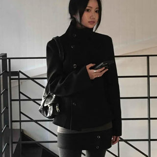 Standing collar belt set cropped peacoat