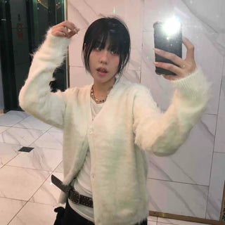 Textured Gradient V-Neck Balloon Sleeve Fur Cardigan