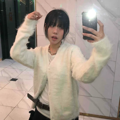 Textured Gradient V-Neck Balloon Sleeve Fur Cardigan