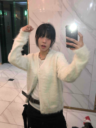Textured Gradient V-Neck Balloon Sleeve Fur Cardigan