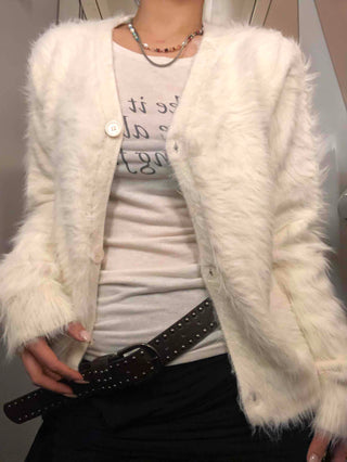 Textured Gradient V-Neck Balloon Sleeve Fur Cardigan