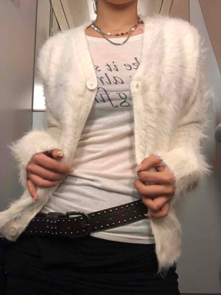 Textured Gradient V-Neck Balloon Sleeve Fur Cardigan