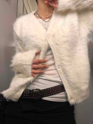 Textured Gradient V-Neck Balloon Sleeve Fur Cardigan