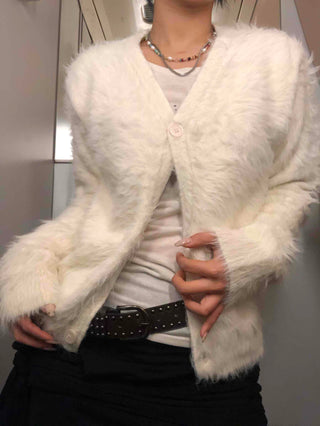 Textured Gradient V-Neck Balloon Sleeve Fur Cardigan