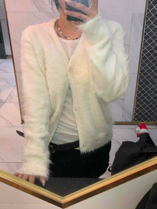 Textured Gradient V-Neck Balloon Sleeve Fur Cardigan