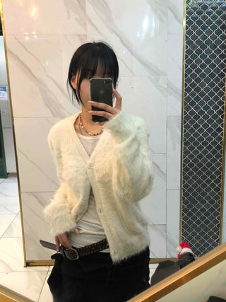 Textured Gradient V-Neck Balloon Sleeve Fur Cardigan