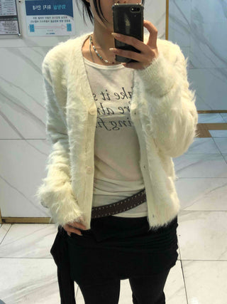 Textured Gradient V-Neck Balloon Sleeve Fur Cardigan