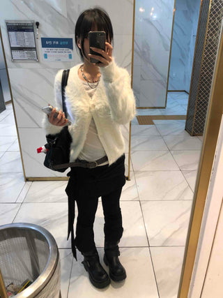 Textured Gradient V-Neck Balloon Sleeve Fur Cardigan