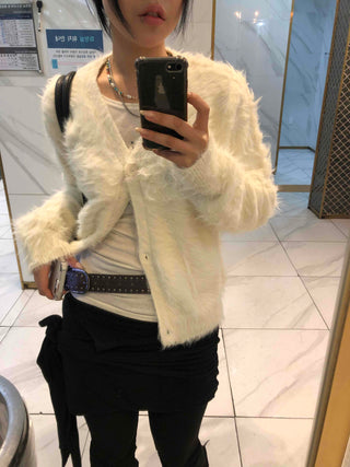 Textured Gradient V-Neck Balloon Sleeve Fur Cardigan