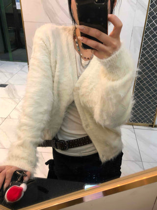 Textured Gradient V-Neck Balloon Sleeve Fur Cardigan