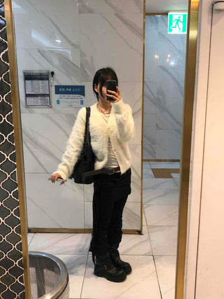 Textured Gradient V-Neck Balloon Sleeve Fur Cardigan