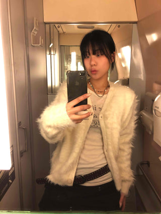 Textured Gradient V-Neck Balloon Sleeve Fur Cardigan
