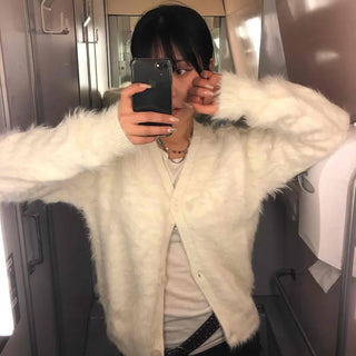Textured Gradient V-Neck Balloon Sleeve Fur Cardigan