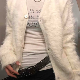 Textured Gradient V-Neck Balloon Sleeve Fur Cardigan