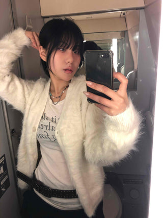 Textured Gradient V-Neck Balloon Sleeve Fur Cardigan