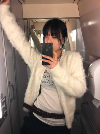 Textured Gradient V-Neck Balloon Sleeve Fur Cardigan