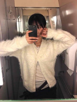 Textured Gradient V-Neck Balloon Sleeve Fur Cardigan