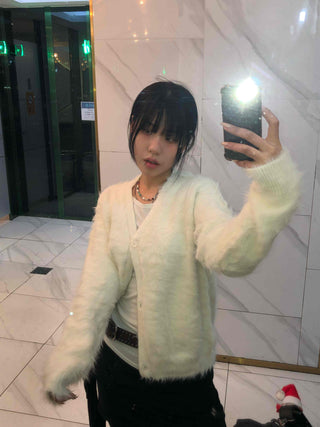 Textured Gradient V-Neck Balloon Sleeve Fur Cardigan